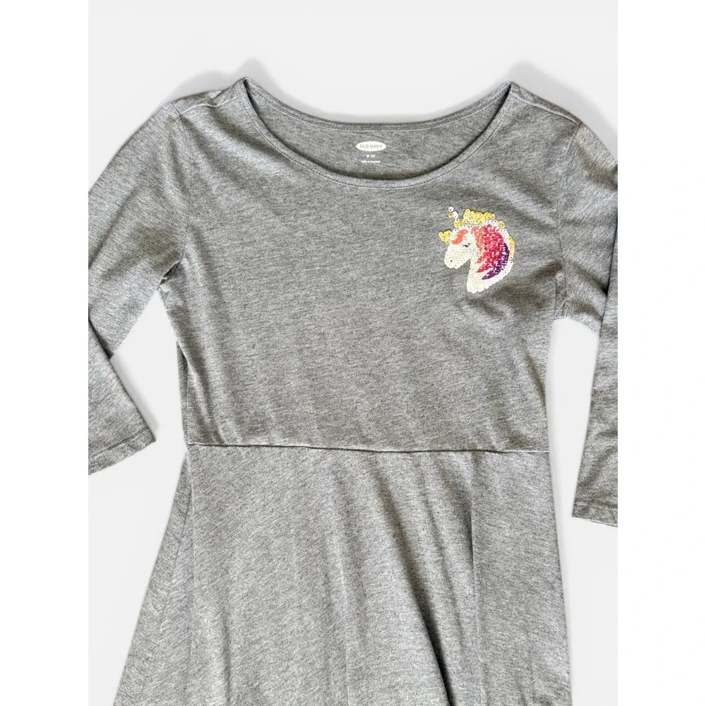 Old‎ Navy Girls Gray Sequin Unicorn Skater Dress 3/4 Sleeve Size M 8